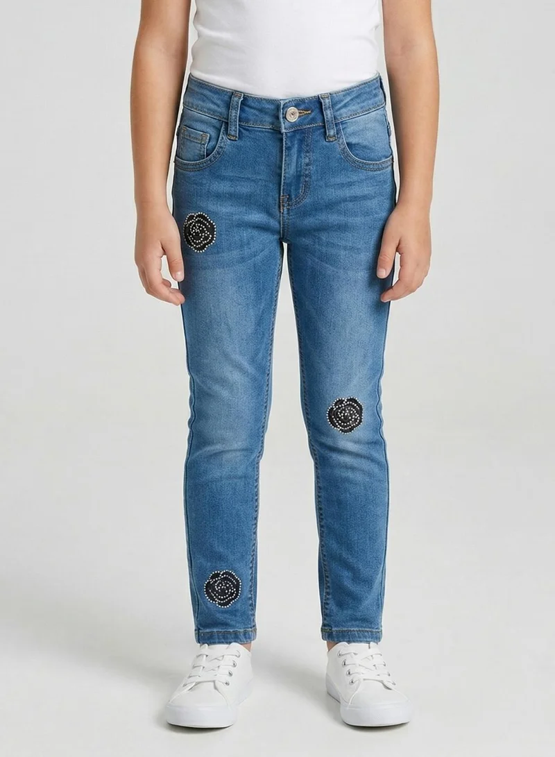babyqlo Girls Studded Patch Adjustable Waist Skinny Jeans