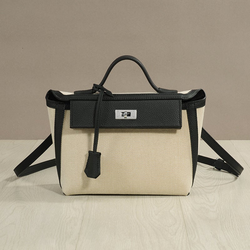 Genuine Leather Women'S Bag Retro Classic High-Quality Canvas With Cowhide Lock Square Contrasting Color Small Square - Image 5
