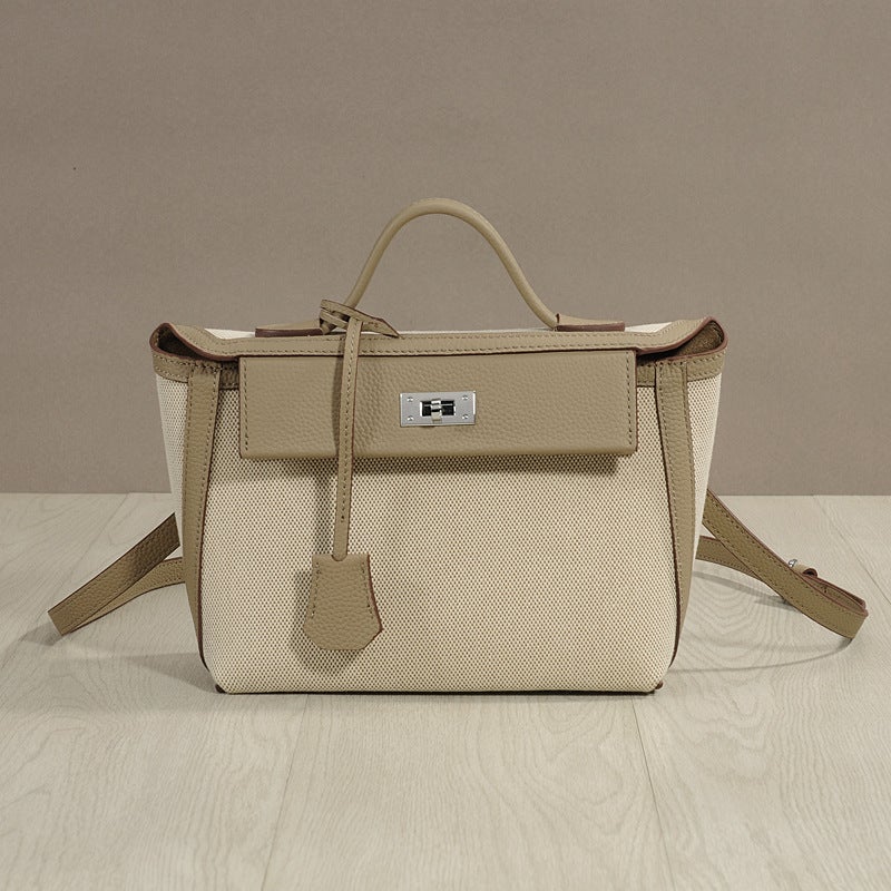 Genuine Leather Women'S Bag Retro Classic High-Quality Canvas With Cowhide Lock Square Contrasting Color Small Square - Image 3