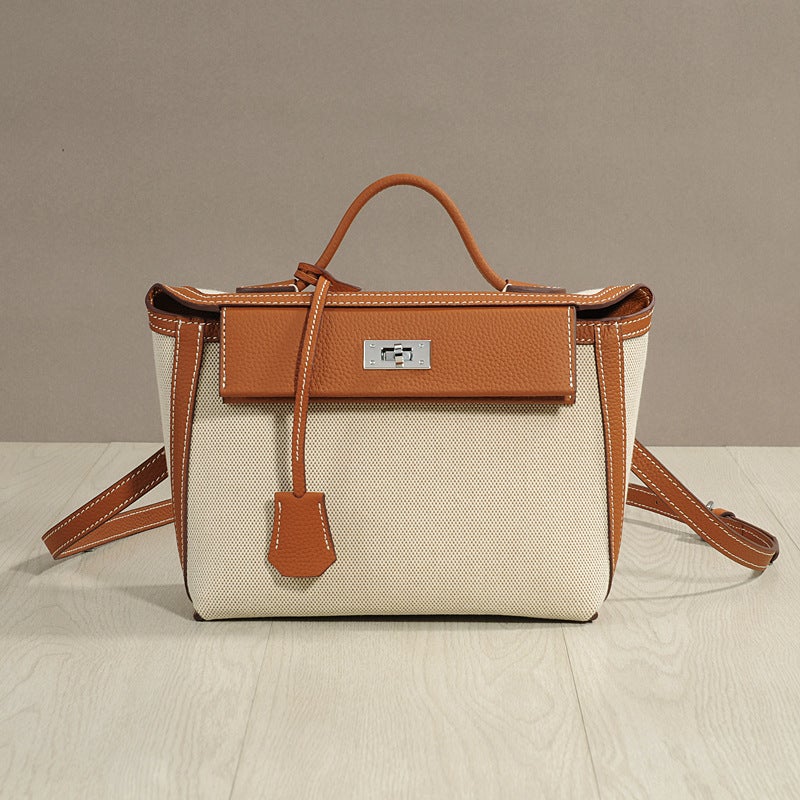 Genuine Leather Women'S Bag Retro Classic High-Quality Canvas With Cowhide Lock Square Contrasting Color Small Square - Image 4