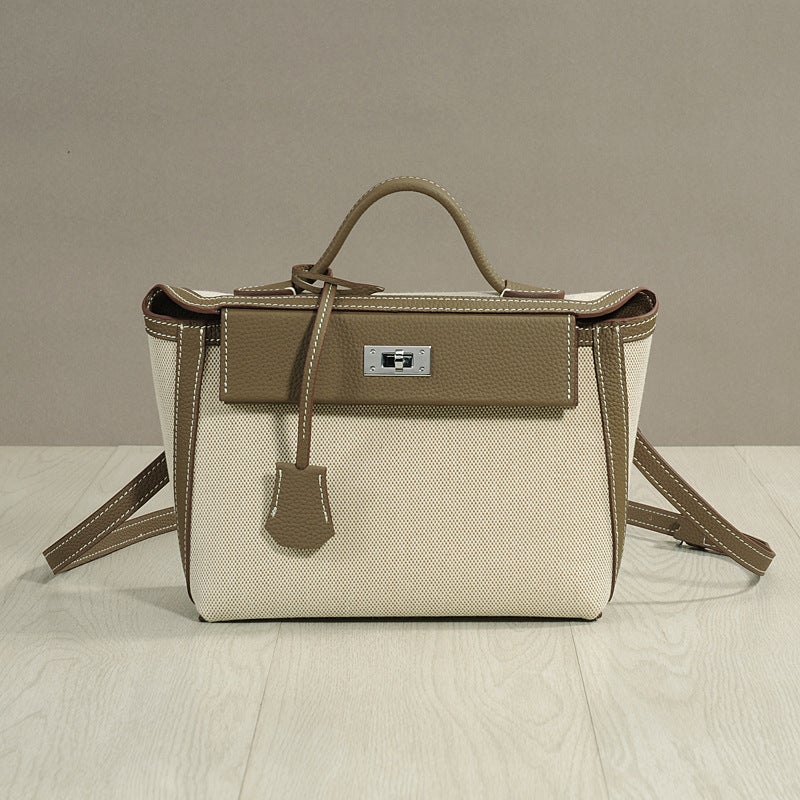 Genuine Leather Women'S Bag Retro Classic High-Quality Canvas With Cowhide Lock Square Contrasting Color Small Square - Image 2