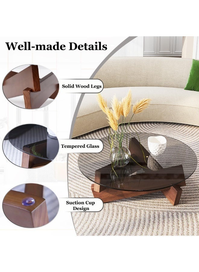 WALALLA Coffee Table, Round Coffee Table for Living Room Modern Glass Coffee Table with Solid Wood Legs Farmhouse Mid Century Center Table Large Circle Sofa Table (Black + Gray, 80*80*31cm) - Image 5