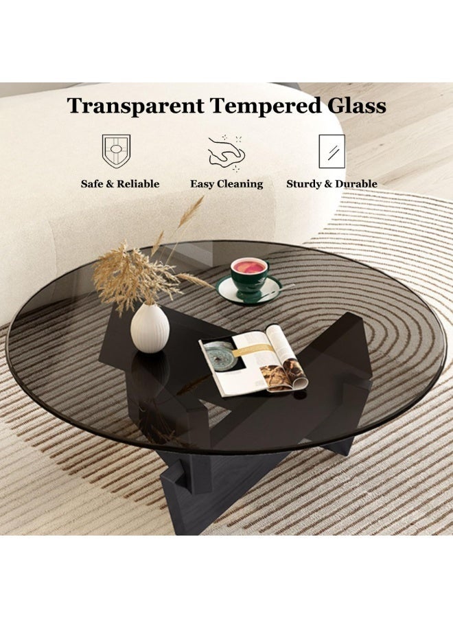 WALALLA Coffee Table, Round Coffee Table for Living Room Modern Glass Coffee Table with Solid Wood Legs Farmhouse Mid Century Center Table Large Circle Sofa Table (Black + Gray, 80*80*31cm) - Image 2