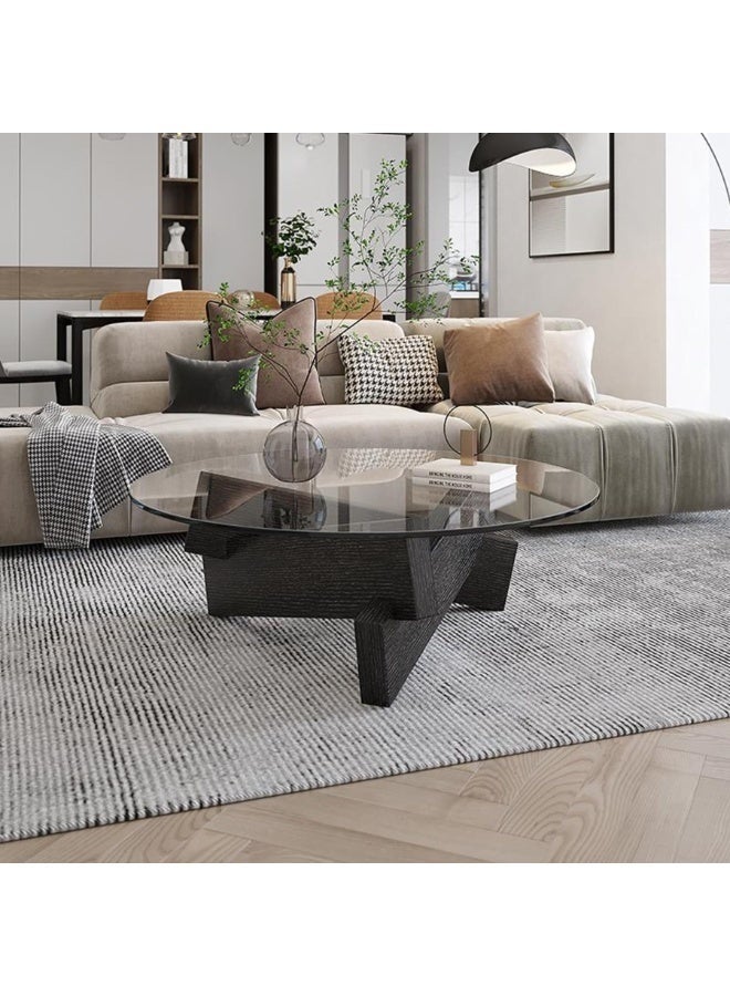 WALALLA Coffee Table, Round Coffee Table for Living Room Modern Glass Coffee Table with Solid Wood Legs Farmhouse Mid Century Center Table Large Circle Sofa Table (Black + Gray, 80*80*31cm) - Image 3