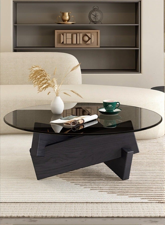 WALALLA Coffee Table, Round Coffee Table for Living Room Modern Glass Coffee Table with Solid Wood Legs Farmhouse Mid Century Center Table Large Circle Sofa Table (Black + Gray, 80*80*31cm) - Image 1