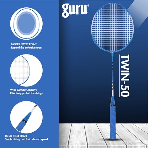 GURU Twin-50 Blue Heavy Duty Steel Badminton Rackets Set of 2 with Cover - Image 4