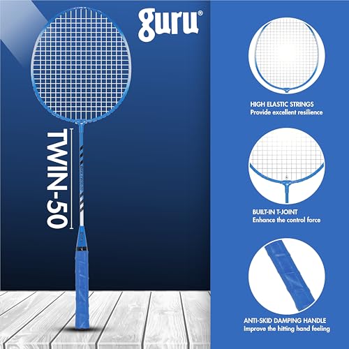 GURU Twin-50 Blue Heavy Duty Steel Badminton Rackets Set of 2 with Cover - Image 5