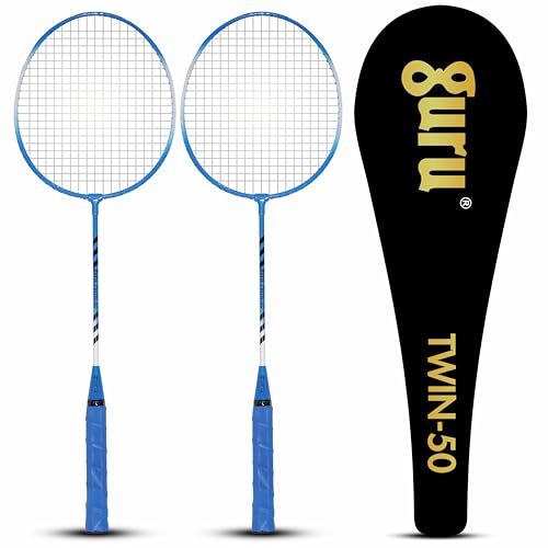 GURU Twin-50 Blue Heavy Duty Steel Badminton Rackets Set of 2 with Cover - Image 1