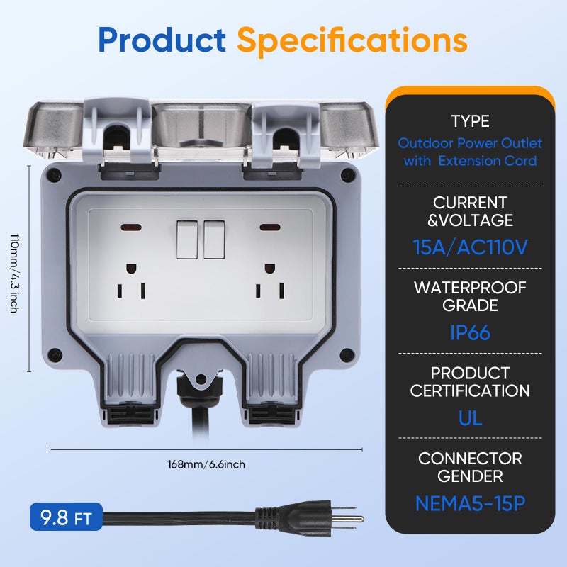 XINYIELE Outdoor Power Outlet,Outdoor Extension Cord Waterproof Double Wall Outlet Extender with On-Off Switch and Indicator Lightï¼ŒExterior Electric External Power Outlet,Outside Outlet (9.8FT) - Image 2