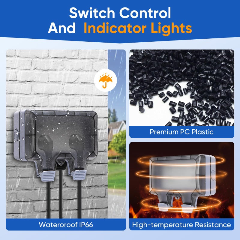 XINYIELE Outdoor Power Outlet,Outdoor Extension Cord Waterproof Double Wall Outlet Extender with On-Off Switch and Indicator Lightï¼ŒExterior Electric External Power Outlet,Outside Outlet (9.8FT) - Image 3