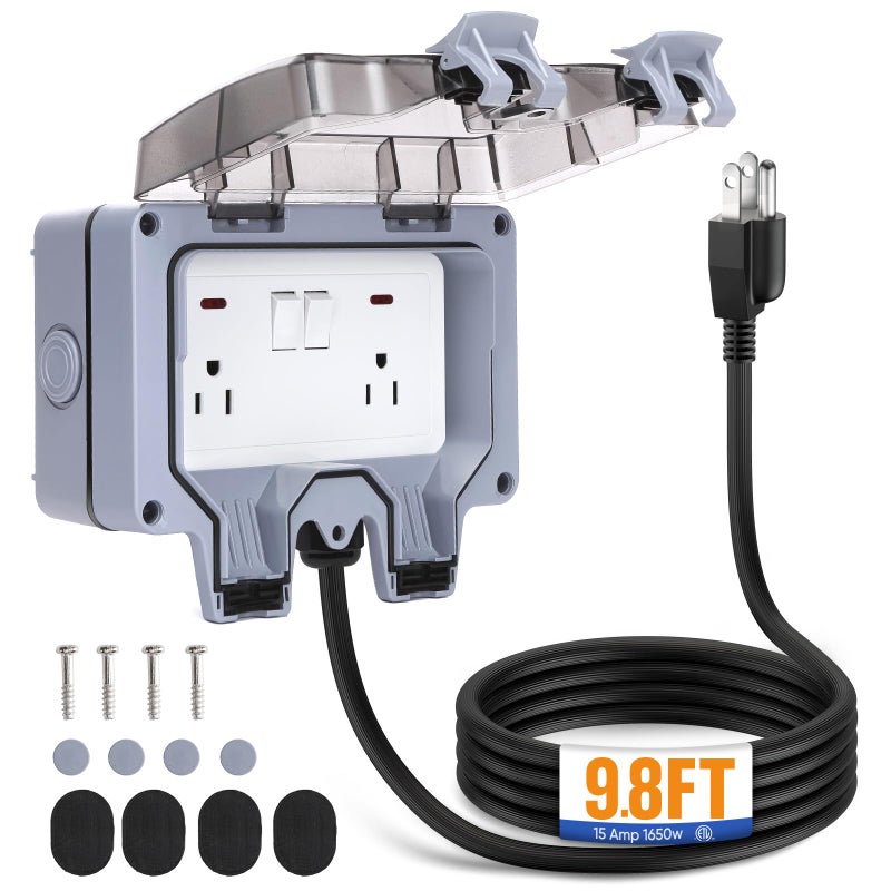XINYIELE Outdoor Power Outlet,Outdoor Extension Cord Waterproof Double Wall Outlet Extender with On-Off Switch and Indicator Lightï¼ŒExterior Electric External Power Outlet,Outside Outlet (9.8FT) - Image 1