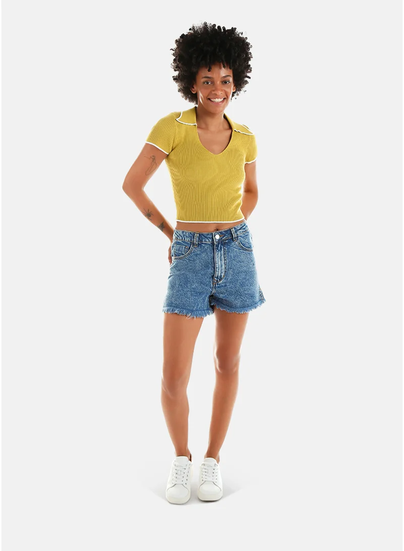 London Rag Acid Blue Side Slit Raw Hem Denim Shorts