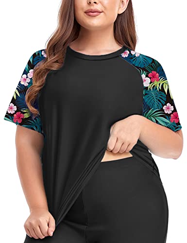 Inno Women's Plus Size Rash Guard Swim Shirt Short Sleeves UPF 50+ Swimwear Workout Tops 0X-6X Black Pink - Image 2