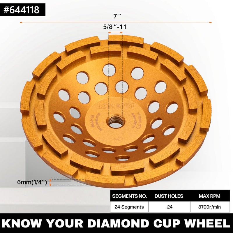 KSEIBI 644118 Diamond Concrete Grinding Wheel 7" x 5/8"-11 for Polishing and Cleaning Stone Concrete Surface, Cement, Marble, Rock, Granite, and Thinset Removing, Angle Grinder Wheels Cup Surface safe - Image 2