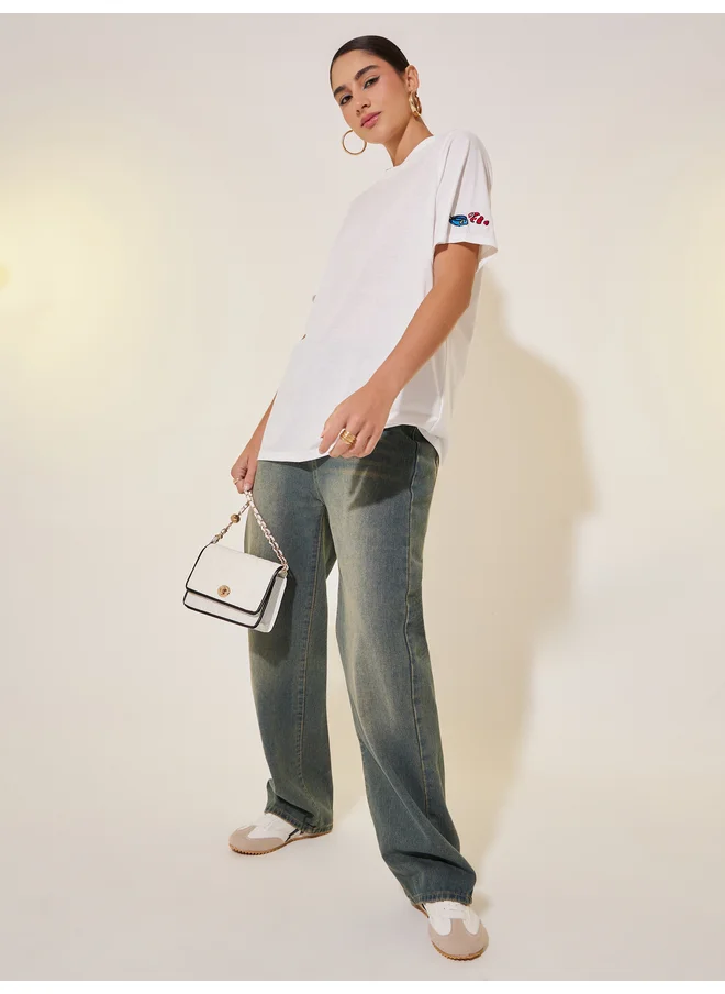 تايك تو Take Two Round Neck Sleeve Embroidered Detail T-shirt