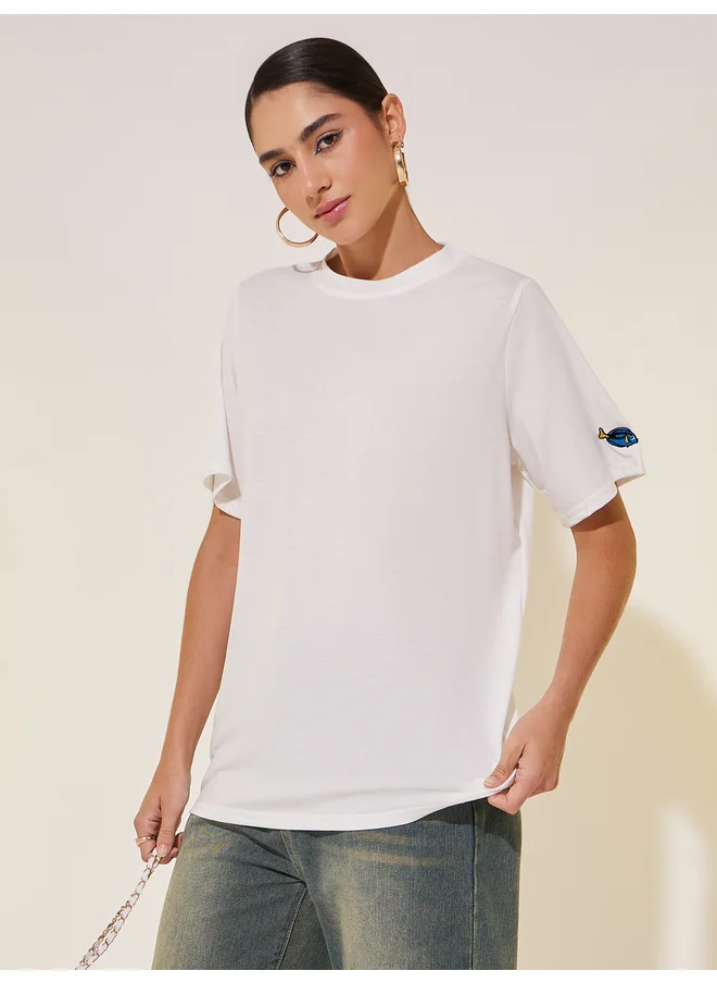 تايك تو Take Two Round Neck Sleeve Embroidered Detail T-shirt