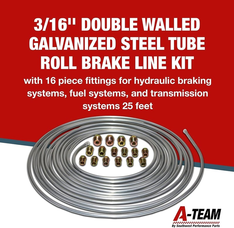 A-Team Performance 3/16 Double-Walled Galvanized Steel Brake Line Roll Kit - 25 ft, .028 in wall - Corrosion-Resistant Hydraulic Brake Line & Trailer Tubing - 16-Piece Fitting Set Compact design - Image 3