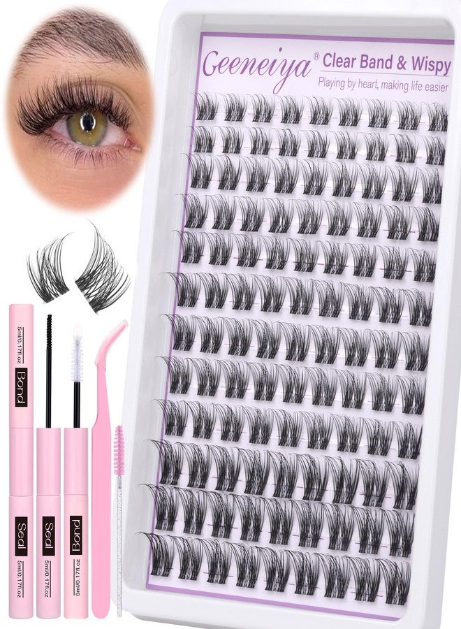 Geeneiya Clear Band Natural Lash Clusters Kit Wispy Eyelash Clusters 10-16mm Lash Extension Kit CC Curl Invisible Band Eyelashes Extensions with Bond and Seal Lash Glue and Tweezers DIY at Home by Geeneiya - Image 1