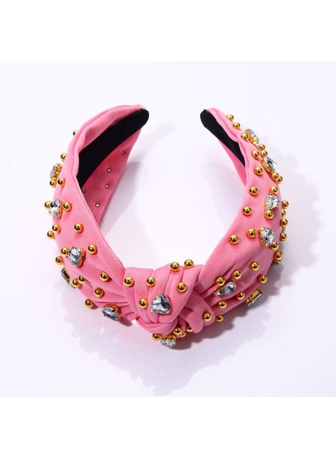 CEALXHENY Crystal Knotted Headbands for Women Sparkly Rhinestone Jeweled Headbands Wide Gold Beads Embellished Hairbands Summer Beach Hair Accessories (Pink) - Image 5
