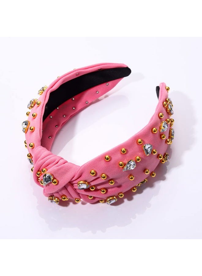 CEALXHENY Crystal Knotted Headbands for Women Sparkly Rhinestone Jeweled Headbands Wide Gold Beads Embellished Hairbands Summer Beach Hair Accessories (Pink) - Image 4