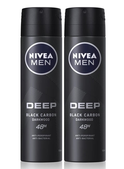 Pack Of 2 Men's Deep Black Carbon Darkwood 48 H Deodorant Spray 150 ml