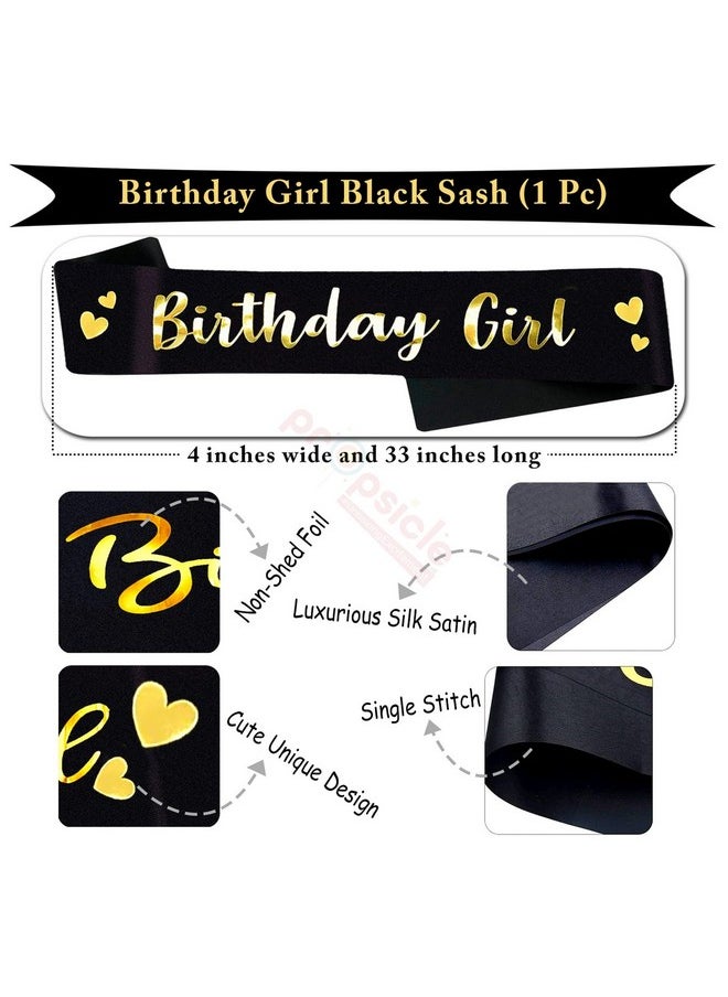 Propsicle - Propsicle Black Golden Foil Happy Birthday Girl Sash Party Item Black Theme Birthday Party Decoration Women, Girls, Mom Bday Party, 16th Birthday Decorations - Pack of 1 - Image 1