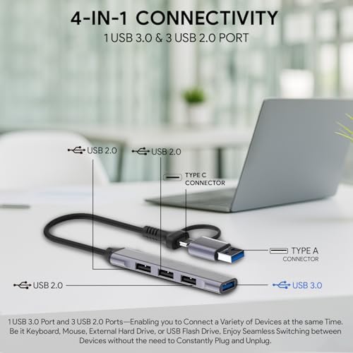 Amkette Type C Hub, Type-A+C to 4 Port With 5 Gbps Superspeed Data Transmission,1*USB 3.0 Ports,3*USB 2.0 Port,Sleek Metal Design usb c hub For Laptop, Macbook, chromebook,Tablets & Smartphones (Grey) - Image 2