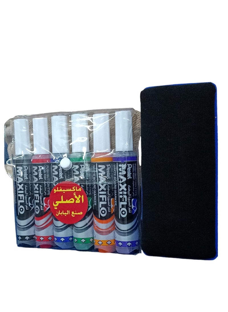Pentel 6-Piece Maxiflo White Board Marker Set Multicolour With Eraser  - Image 1