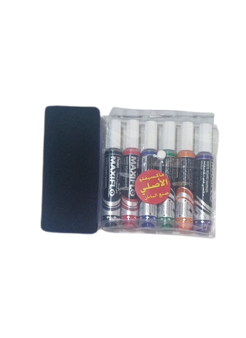 Pentel 6-Piece Maxiflo White Board Marker Set Multicolour With Eraser  - Image 2