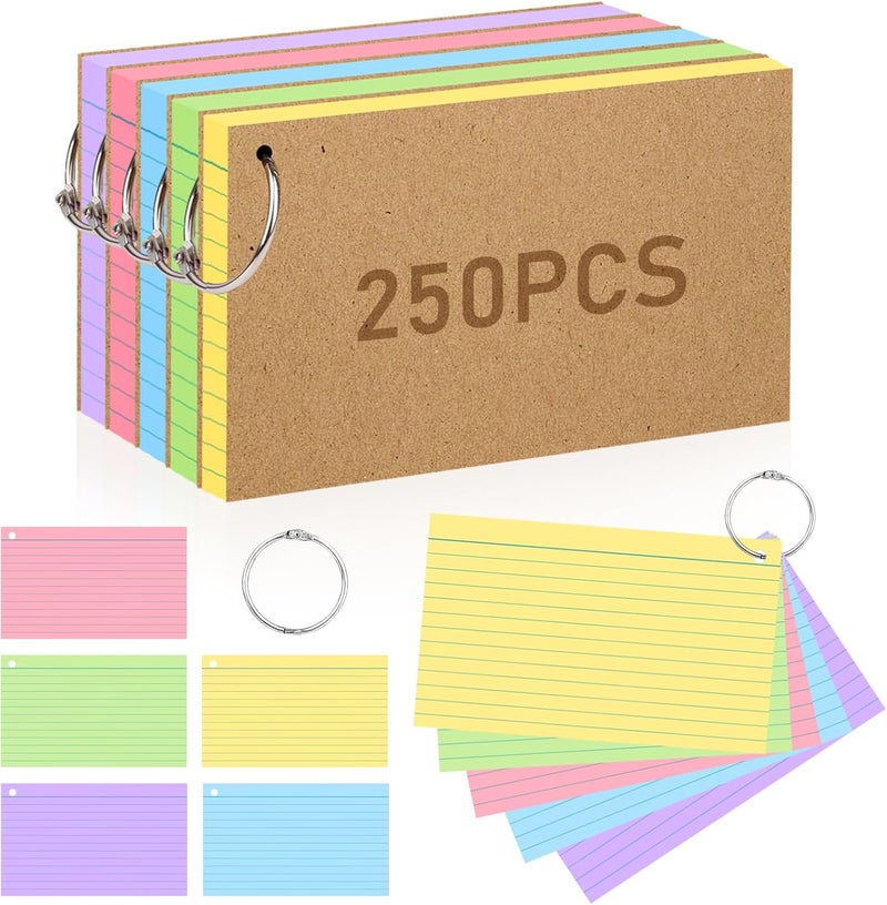 ANSTEEP 4x6 Inches Index Cards, 250PCS Colored Flash Cards with Ring, Lined on Both Side Notecards Ruled Study Card Flashcards Heavy Note Cards for Studying, Learning, School, College - Image 1