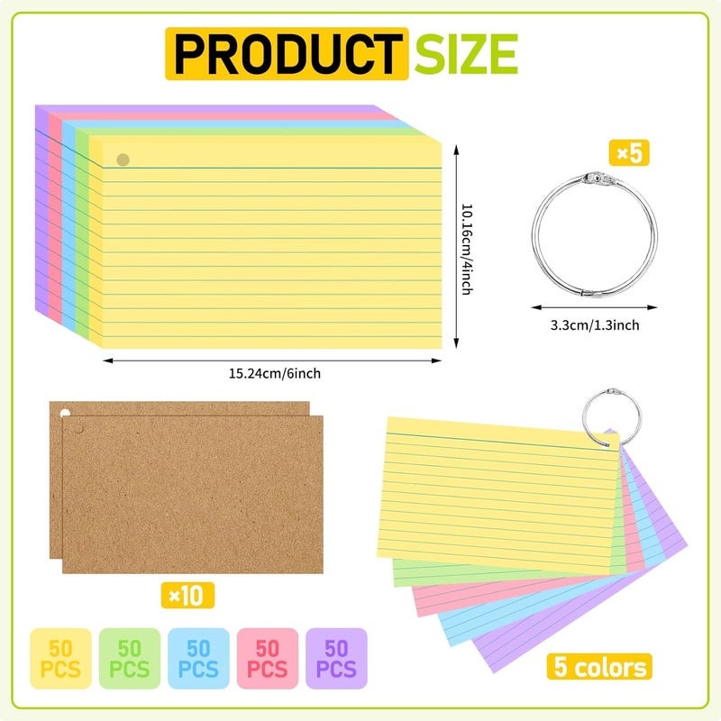 ANSTEEP 4x6 Inches Index Cards, 250PCS Colored Flash Cards with Ring, Lined on Both Side Notecards Ruled Study Card Flashcards Heavy Note Cards for Studying, Learning, School, College - Image 2