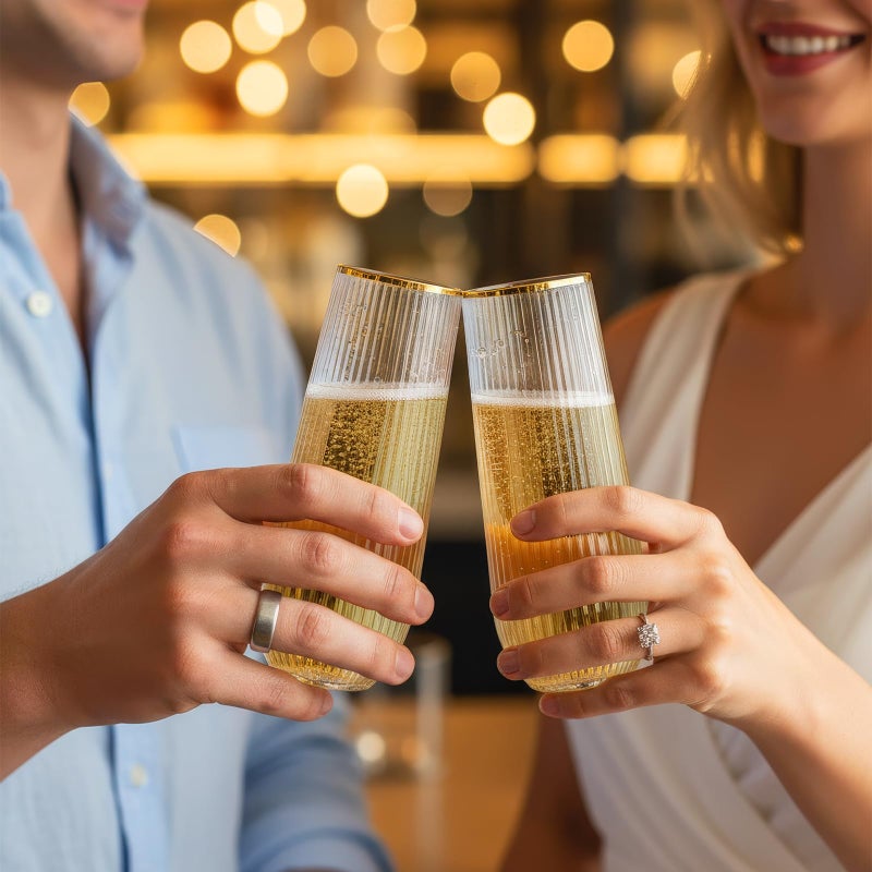 Goodluck 48pack Clear Stemless Plastic Champagne Flutes with Gold Rimï¼Œ9oz Ribbed Stemless Toasting Glassesï¼ŒChampagne Flutes Plastic for Weddings, Bars, Events, Party And Celebrations - Image 5