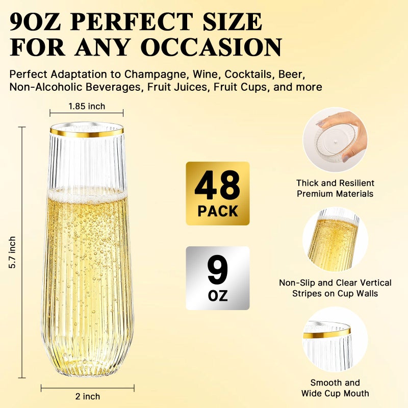 Goodluck 48pack Clear Stemless Plastic Champagne Flutes with Gold Rimï¼Œ9oz Ribbed Stemless Toasting Glassesï¼ŒChampagne Flutes Plastic for Weddings, Bars, Events, Party And Celebrations - Image 3