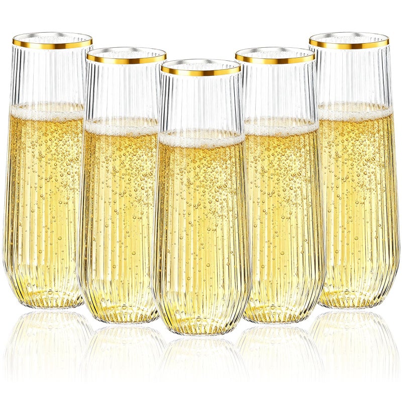 Goodluck 48pack Clear Stemless Plastic Champagne Flutes with Gold Rimï¼Œ9oz Ribbed Stemless Toasting Glassesï¼ŒChampagne Flutes Plastic for Weddings, Bars, Events, Party And Celebrations - Image 1