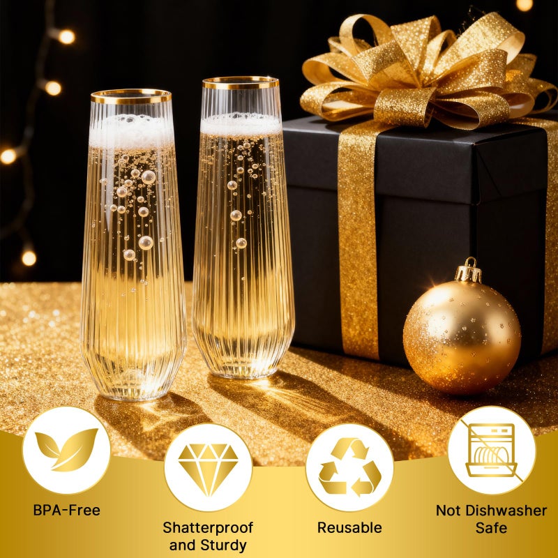Goodluck 48pack Clear Stemless Plastic Champagne Flutes with Gold Rimï¼Œ9oz Ribbed Stemless Toasting Glassesï¼ŒChampagne Flutes Plastic for Weddings, Bars, Events, Party And Celebrations - Image 4