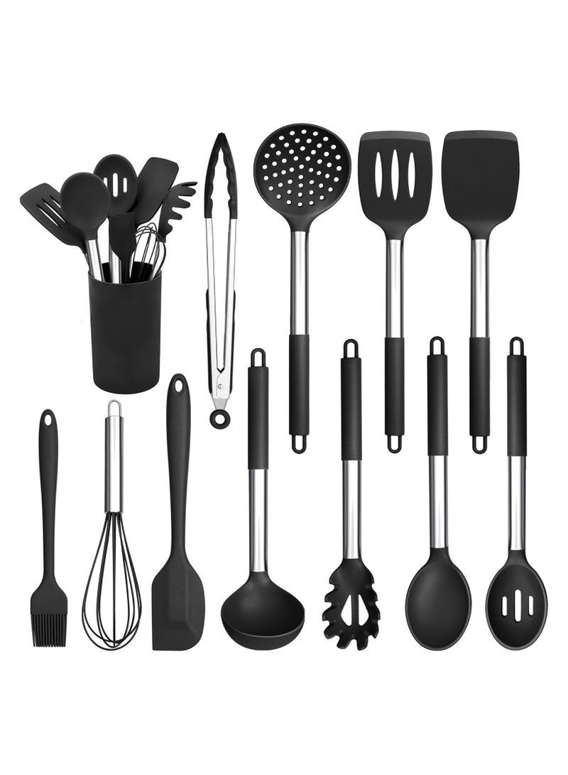 BJollys 12 Piece Silicone Utensil Kitchen Set with Holder, Heat Resistant Cooking Utensils with Wooden Handle for Non Stick Cookware Pans, Silicone Kitchen Gadgets Tool Set, Black  - Image 1