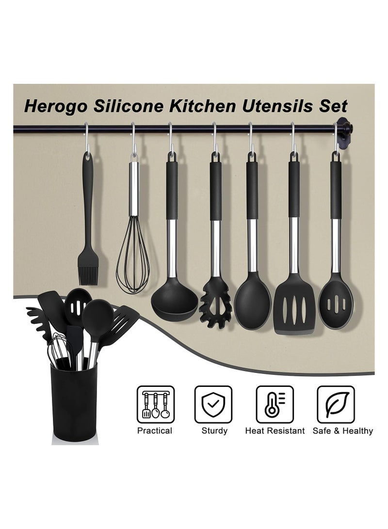 BJollys 12 Piece Silicone Utensil Kitchen Set with Holder, Heat Resistant Cooking Utensils with Wooden Handle for Non Stick Cookware Pans, Silicone Kitchen Gadgets Tool Set, Black  - Image 2