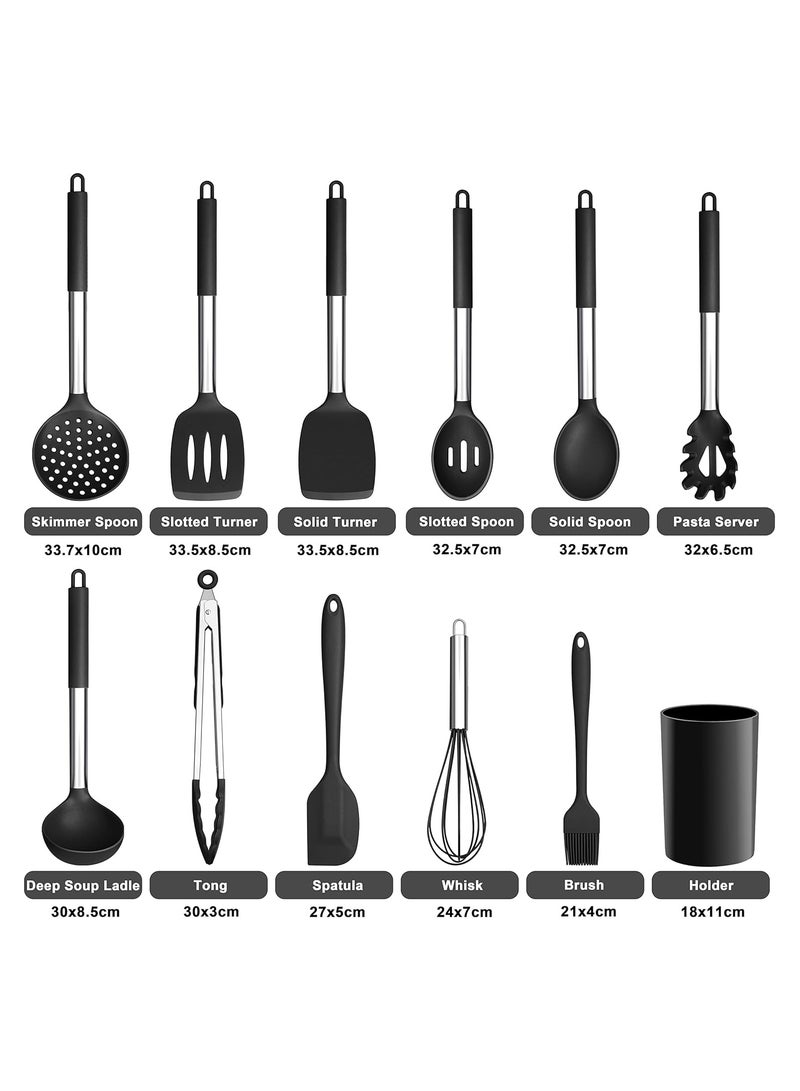 BJollys 12 Piece Silicone Utensil Kitchen Set with Holder, Heat Resistant Cooking Utensils with Wooden Handle for Non Stick Cookware Pans, Silicone Kitchen Gadgets Tool Set, Black  - Image 3