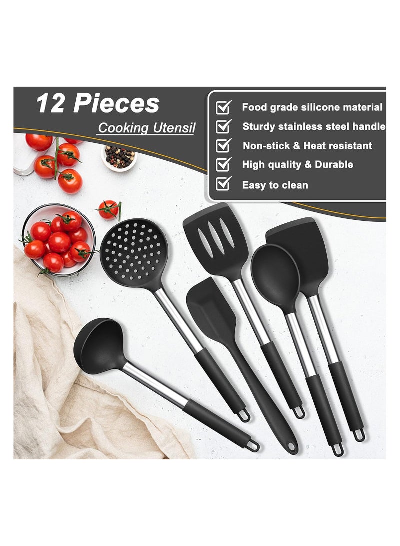 BJollys 12 Piece Silicone Utensil Kitchen Set with Holder, Heat Resistant Cooking Utensils with Wooden Handle for Non Stick Cookware Pans, Silicone Kitchen Gadgets Tool Set, Black  - Image 4