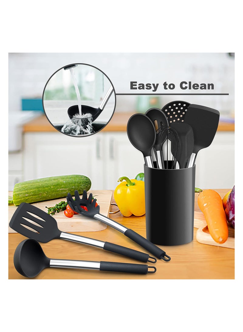 BJollys 12 Piece Silicone Utensil Kitchen Set with Holder, Heat Resistant Cooking Utensils with Wooden Handle for Non Stick Cookware Pans, Silicone Kitchen Gadgets Tool Set, Black  - Image 5