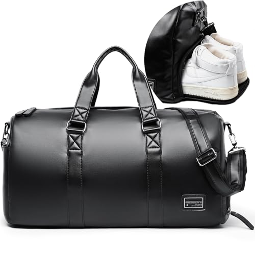 MATE ELAN Leather Duffle Travel Gym Bag for Men with Shoe Compartment, 32L PU Leather Weekender Waterproof Overnight Bag Gym Sports Carry-On Black - Image 1