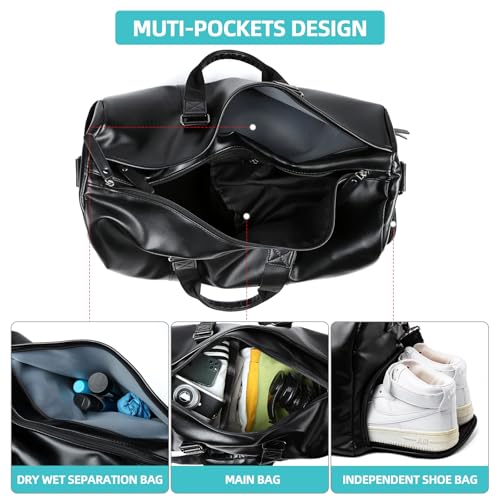MATE ELAN Leather Duffle Travel Gym Bag for Men with Shoe Compartment, 32L PU Leather Weekender Waterproof Overnight Bag Gym Sports Carry-On Black - Image 5