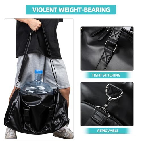 MATE ELAN Leather Duffle Travel Gym Bag for Men with Shoe Compartment, 32L PU Leather Weekender Waterproof Overnight Bag Gym Sports Carry-On Black - Image 3