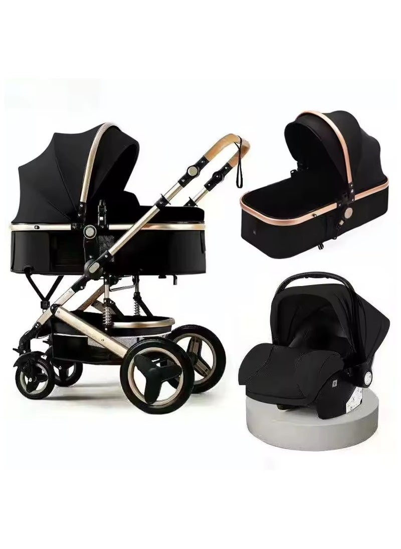 DEHKAH - Luxury multi-functional stroller, includes a carrycot and a baby car seat. The design is elegant in black with touches giving it a modern and luxurious look. - Image 1