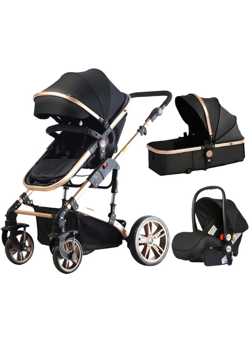DEHKAH - Luxury multi-functional stroller, includes a carrycot and a baby car seat. The design is elegant in black with touches giving it a modern and luxurious look. - Image 1