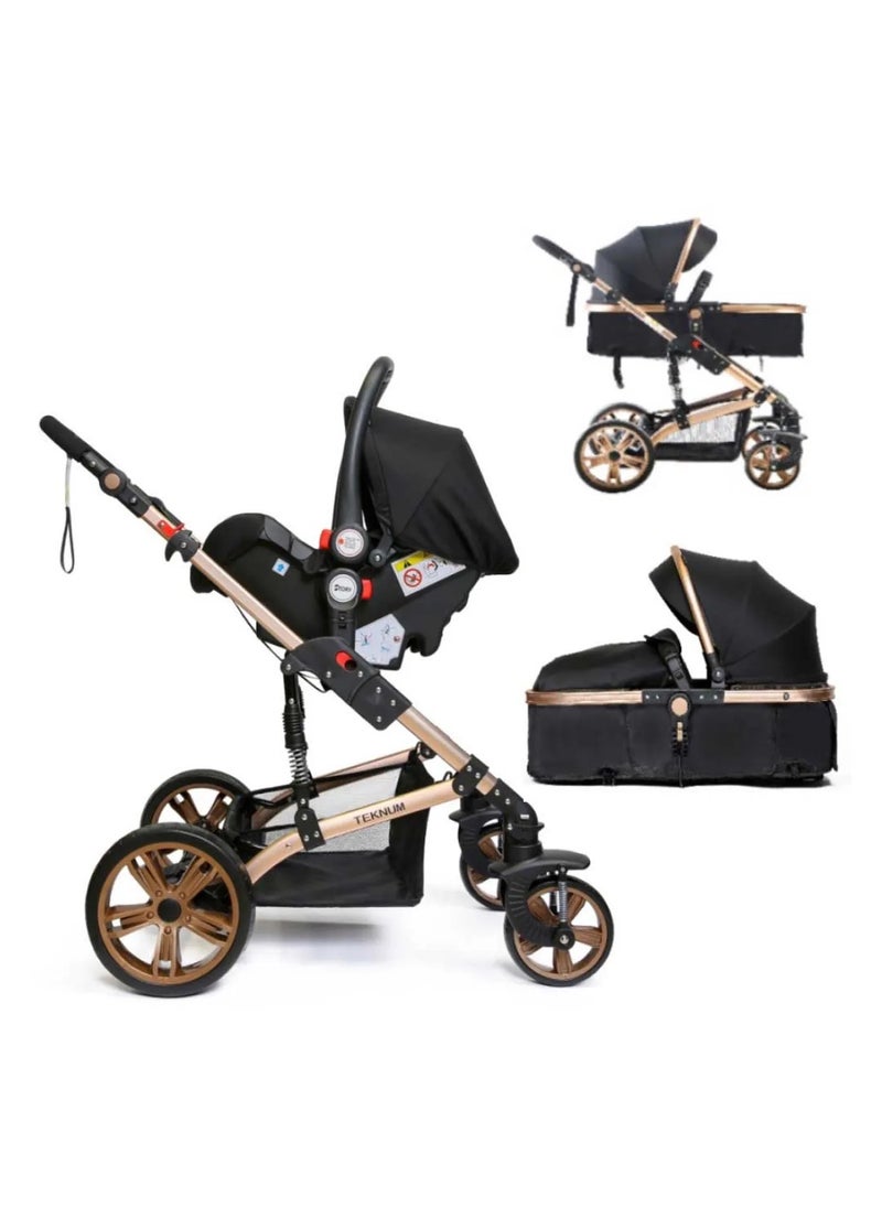 DEHKAH - Luxury multi-functional stroller, includes a carrycot and a baby car seat. The design is elegant in black with touches giving it a modern and luxurious look. - Image 1