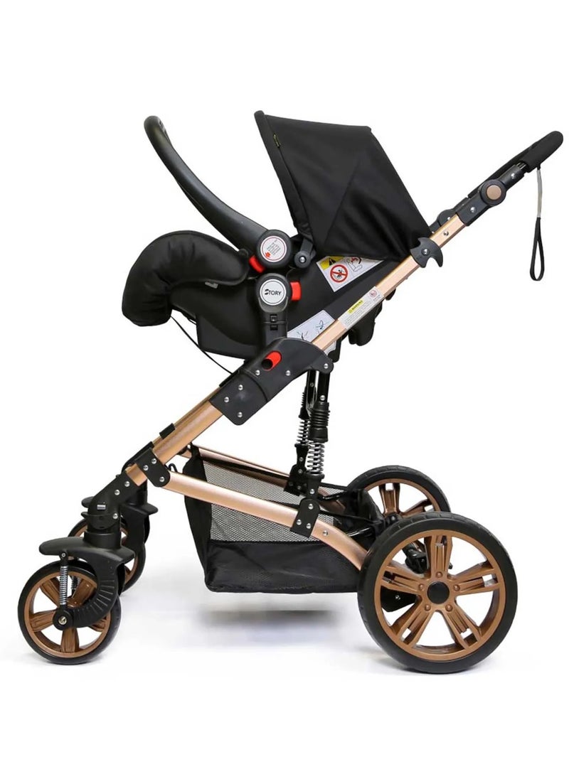 DEHKAH - Luxury multi-functional stroller, includes a carrycot and a baby car seat. The design is elegant in black with touches giving it a modern and luxurious look. - Image 1