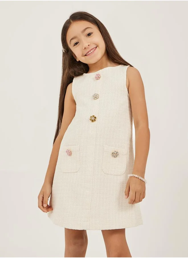 ستايلي Tweed Sleeveless Dress with Button Detail