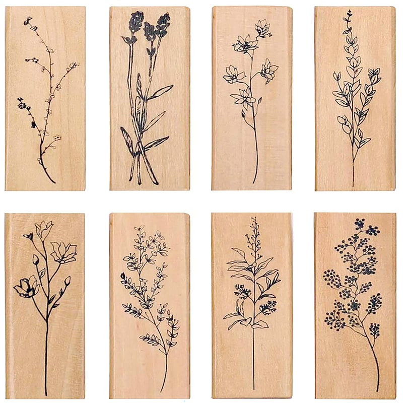Dizdkizd 8 Pieces Wood Mounted Rubber Stamps Plant and Flower Decorative Wooden Rubber Stamp Set for DIY Craft Diary and Craft Scrapbooking