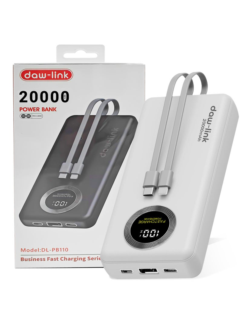 دولنك باور بانك داو-لينك 20000 مللي أمبير – شحن سريع 22.5 واط، كابلات USB-C وLightning مدمجة، منفذ A ومنفذ USB-C للإدخال والإخراج، شاشة عرض رقمية، يدعم PD وQC 3.0، لون أبيض، شاحن محمول نحيف لأجهزة الآيفون والأندرويد - Image 1